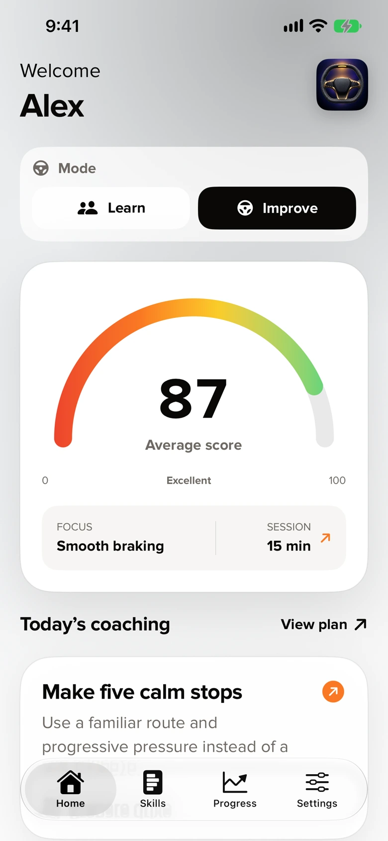 Actual Calm Drive Home with a driving score and a focused coaching mission
