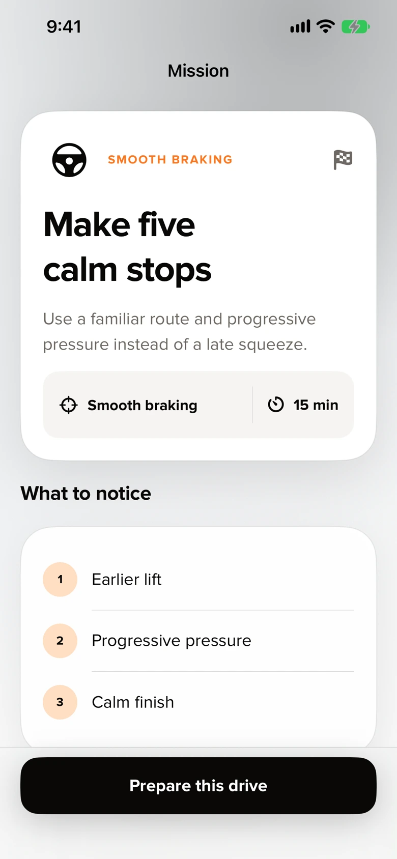 Real mission screen: Make five calm stops, with practice cues